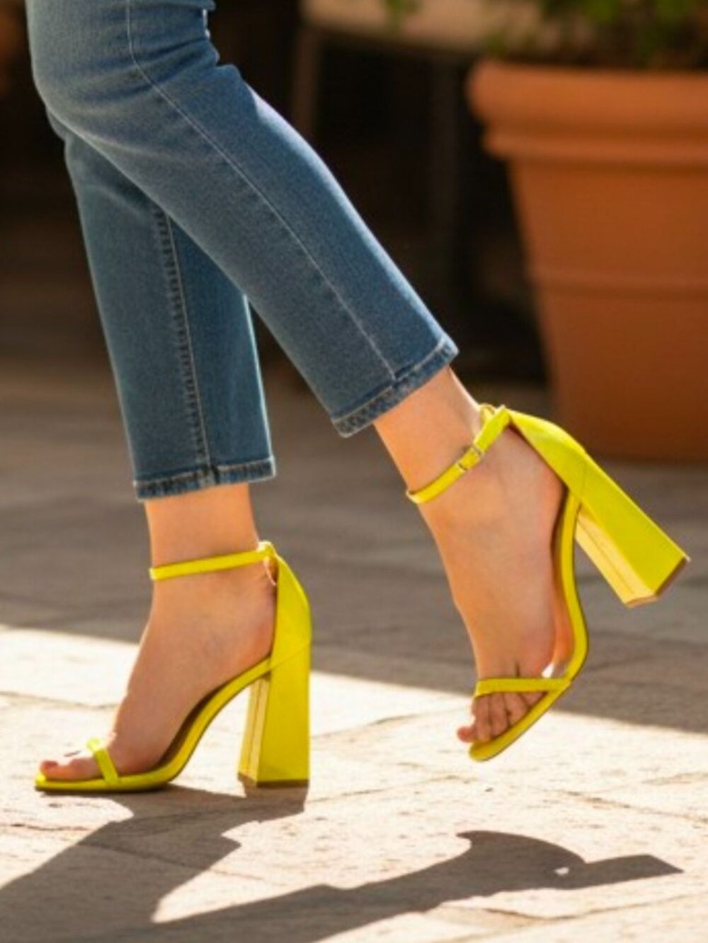 Neon Yellow Block Heel Sandals With Adjustable Ankle Strap Open Toe Design And G